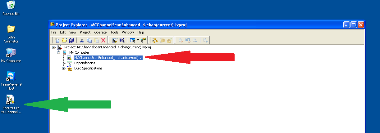 In order to start the program, click the "Shortcut to MCChannelScanEnhanced_4-chan(current)" icon on the desktop, indicated by the green arrow. A window will open; choose MCChannelScanEnhanced_4-chan(current).vi, indicated by the red arrow.