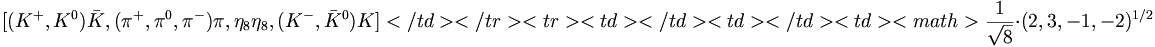 [(K^{+},K^{0}){\bar  K},(\pi ^{+},\pi ^{0},\pi ^{-})\pi ,\eta _{8}\eta _{8},(K^{-},{\bar  K}^{0})K]</td></tr><tr><td></td><td></td><td><math>{\frac  {1}{{\sqrt  {8}}}}\cdot (2,3,-1,-2)^{{1/2}}