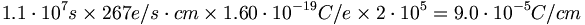 1.1\cdot 10^{{7}}s\times 267e/s\cdot cm\times 1.60\cdot 10^{{-19}}C/e\times 2\cdot 10^{{5}}=9.0\cdot 10^{{-5}}C/cm