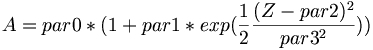 A=par0*(1+par1*exp({\frac  {1}{2}}{\frac  {(Z-par2)^{{2}}}{par3^{{2}}}}))