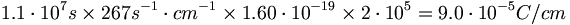 1.1\cdot 10^{{7}}s\times 267s^{{-1}}\cdot cm^{{-1}}\times 1.60\cdot 10^{{-19}}\times 2\cdot 10^{{5}}=9.0\cdot 10^{{-5}}C/cm