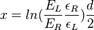 x=ln({\frac  {E_{{L}}}{E_{{R}}}}{\frac  {\epsilon _{{R}}}{\epsilon _{{L}}}}){\frac  {d}{2}}