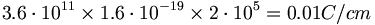 3.6\cdot 10^{{11}}\times 1.6\cdot 10^{{-19}}\times 2\cdot 10^{{5}}=0.01C/cm