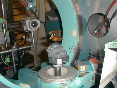 Close-up view of the sample mount on the C beamline goniometer at CHESS